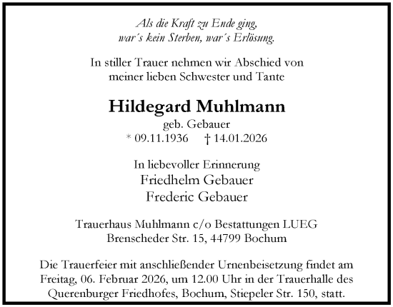 Traueranzeige von Hildegard Muhlmann von Tageszeitung