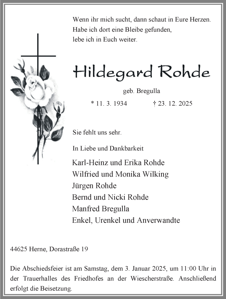  Traueranzeige für Hildegard Rohde vom 02.01.2026 aus Tageszeitung