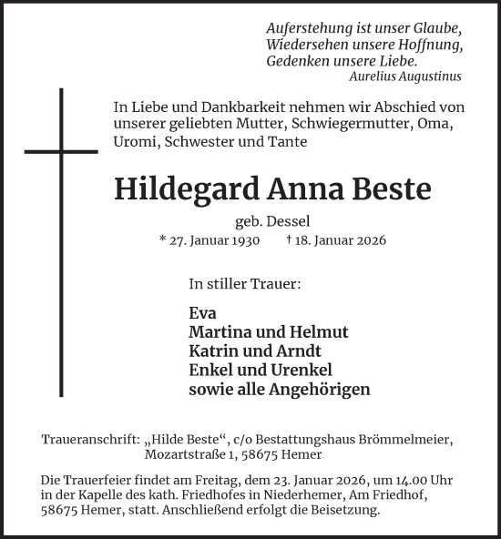 Traueranzeige von Hildegard Anna Beste von Tageszeitung