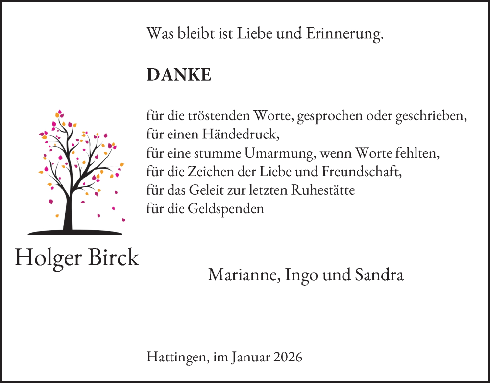 Traueranzeige für Holger Birck vom 17.01.2026 aus Tageszeitung