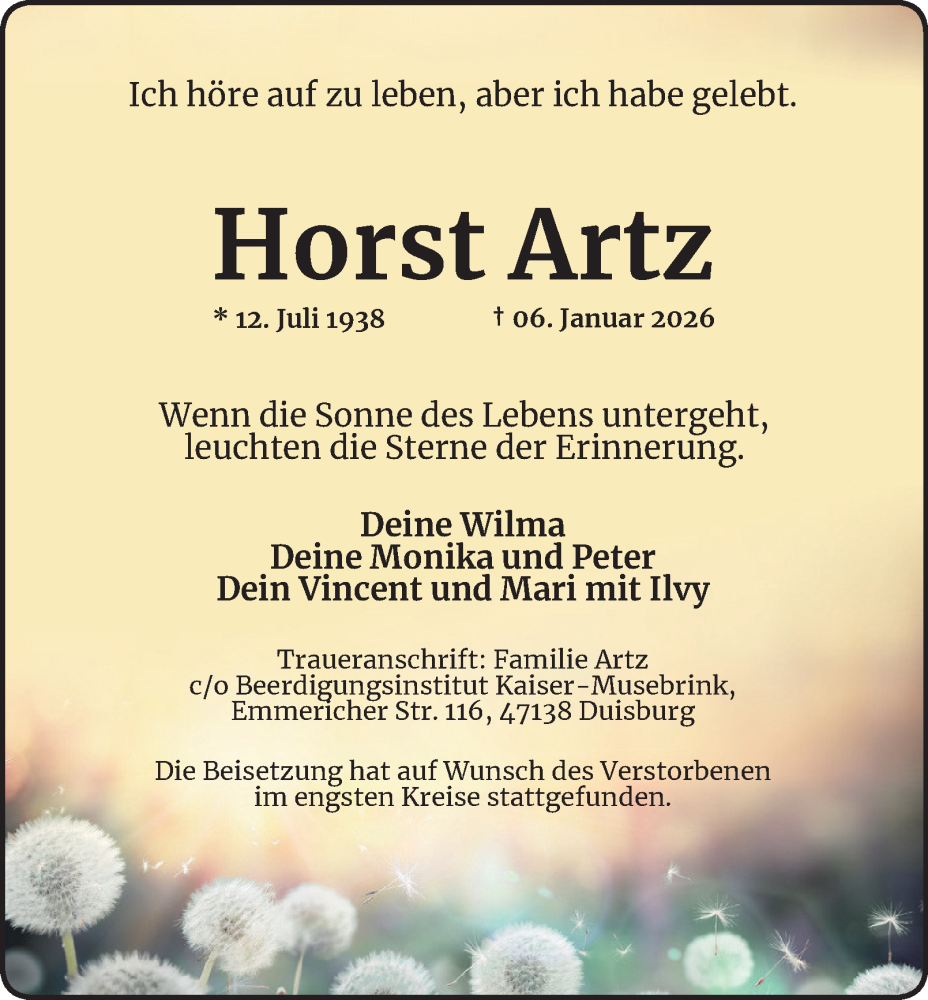  Traueranzeige für Horst Artz vom 17.01.2026 aus Tageszeitung
