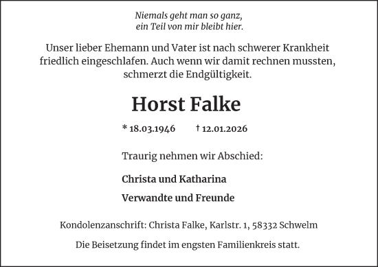 Traueranzeige von Horst Falke von Tageszeitung