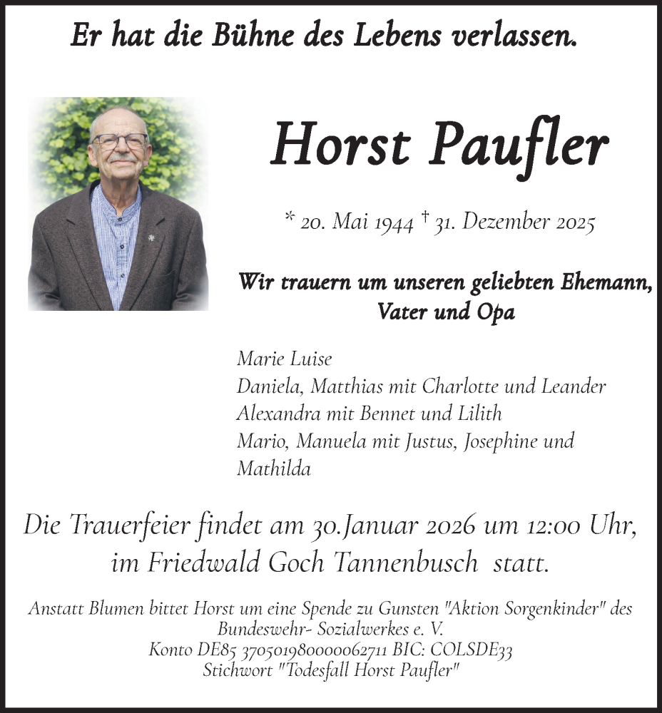  Traueranzeige für Horst Paufler vom 17.01.2026 aus Tageszeitung