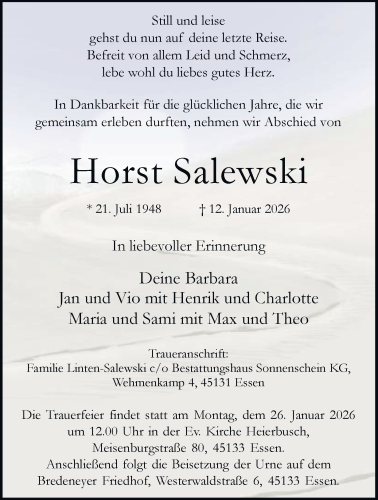  Traueranzeige für Horst Salewski vom 17.01.2026 aus Tageszeitung