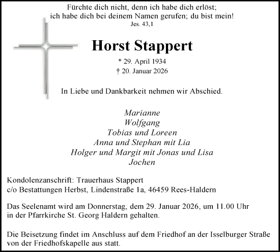 Traueranzeige von Horst Stappert von Tageszeitung