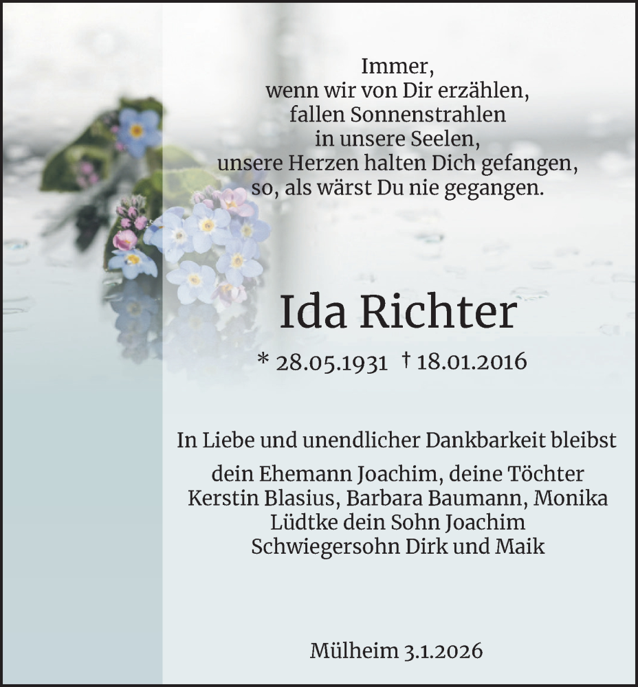 Traueranzeige für Ida Richter vom 17.01.2026 aus Tageszeitung