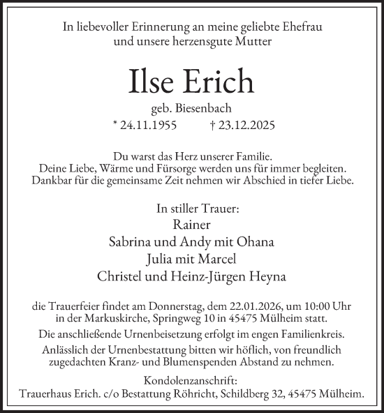 Traueranzeige von Ilse Erich von Tageszeitung
