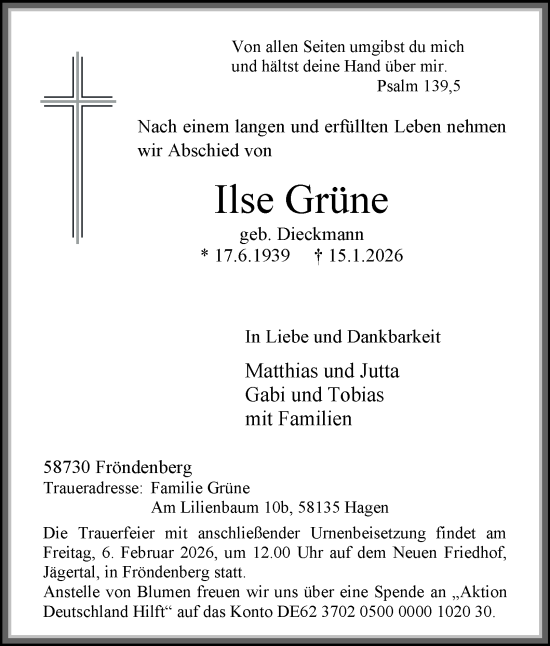 Traueranzeige von Ilse Grüne von Tageszeitung