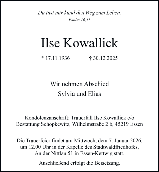 Traueranzeige von Ilse Kowallick von Tageszeitung