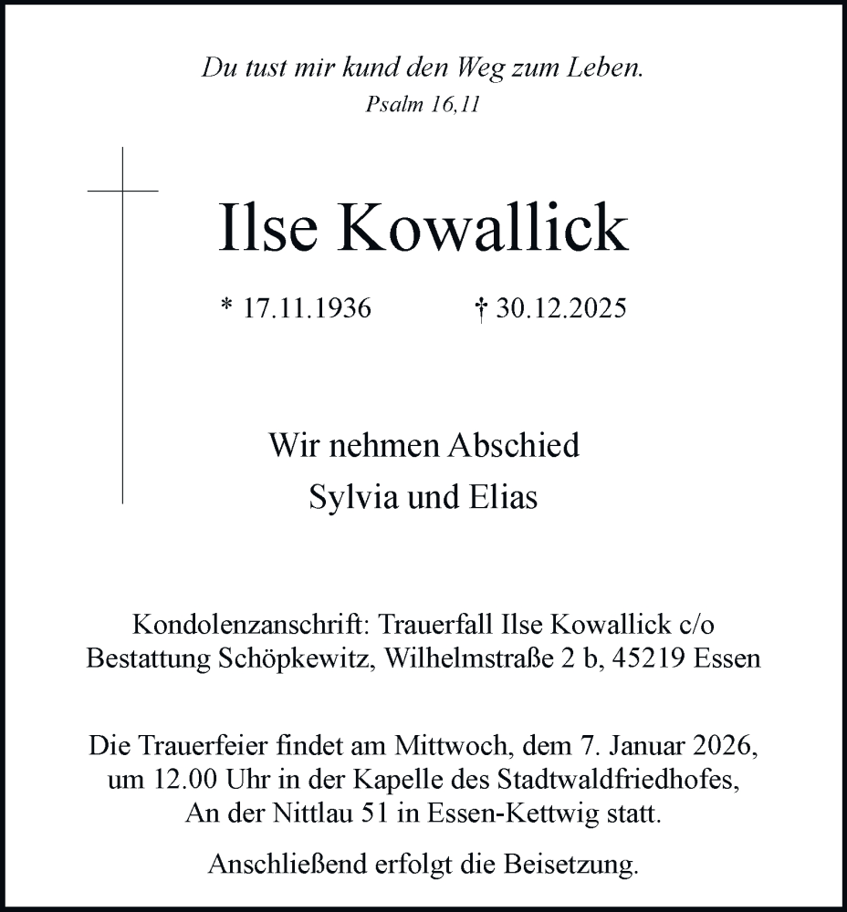  Traueranzeige für Ilse Kowallick vom 03.01.2026 aus Tageszeitung