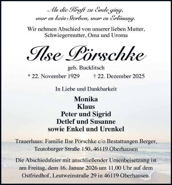 Traueranzeige von Ilse Pörschke von Tageszeitung