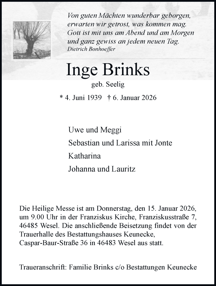  Traueranzeige für Inge Brinks vom 10.01.2026 aus Tageszeitung