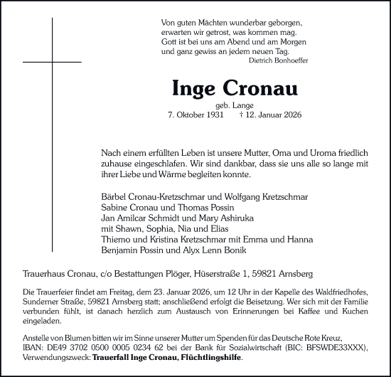 Traueranzeige von Inge Cronau von Tageszeitung