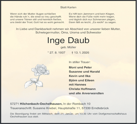 Traueranzeige von Inge Daub von Tageszeitung