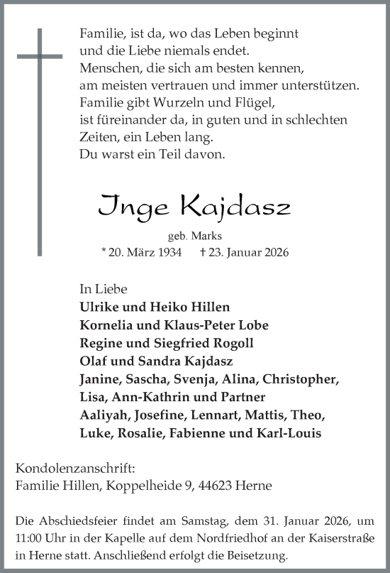 Traueranzeige von Inge Kajdasz von Tageszeitung