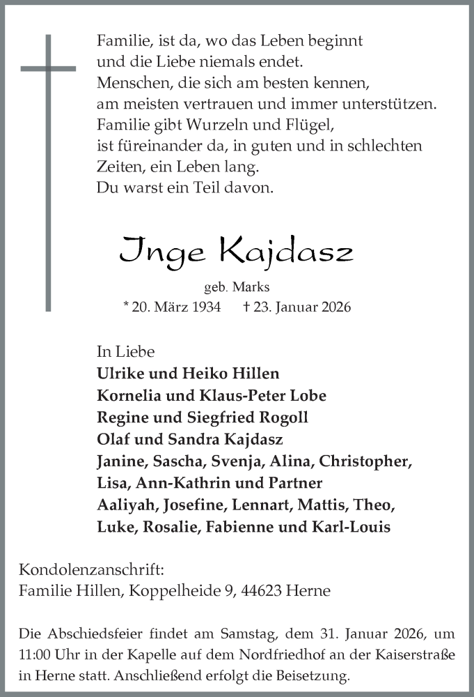  Traueranzeige für Inge Kajdasz vom 24.01.2026 aus Tageszeitung