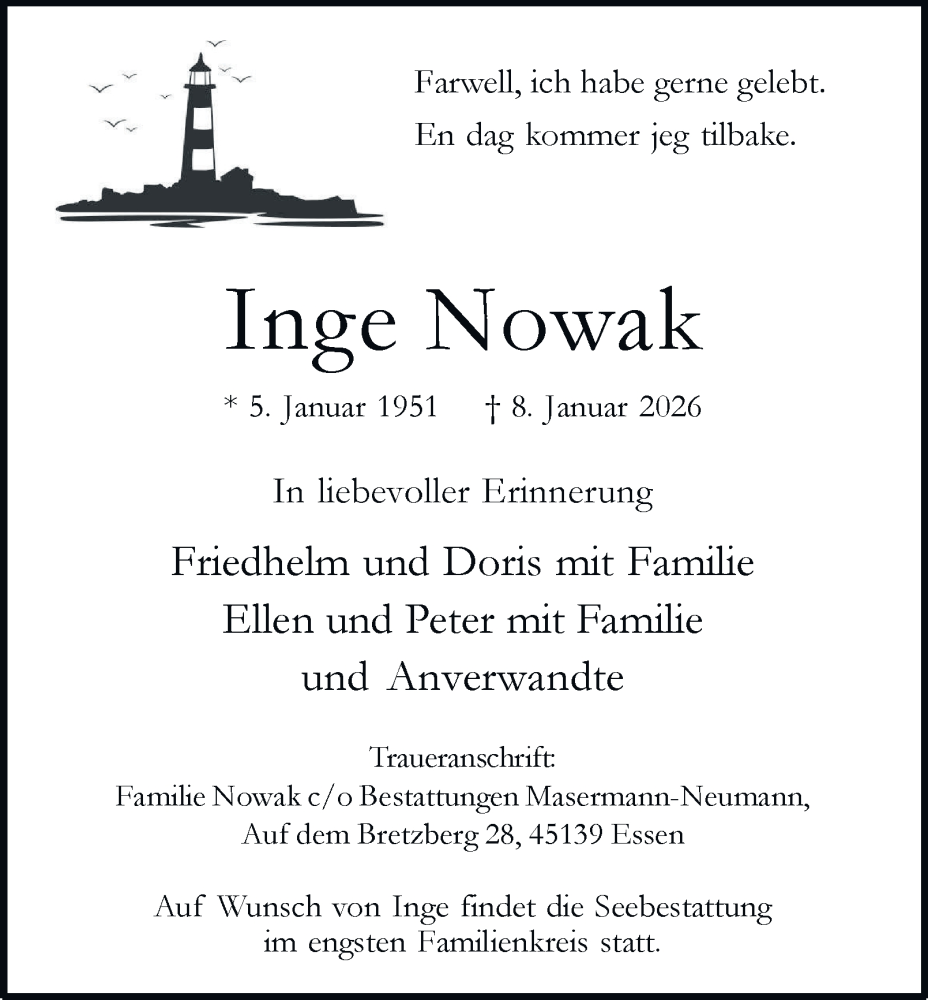  Traueranzeige für Inge Nowak vom 17.01.2026 aus Tageszeitung