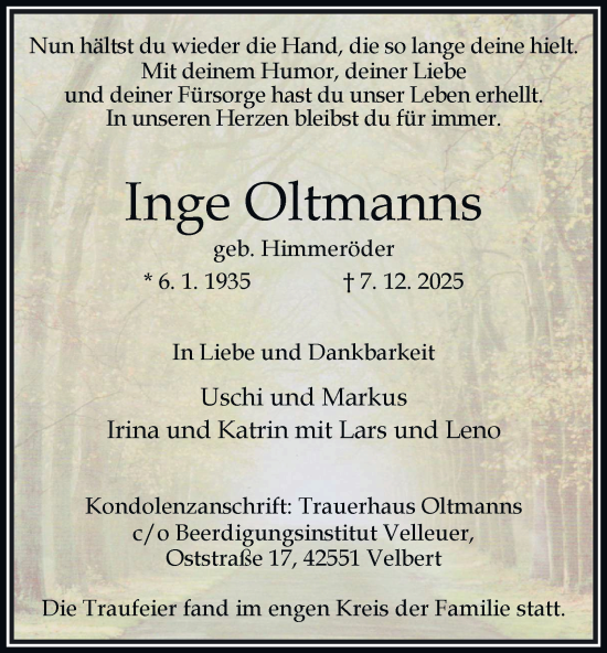 Traueranzeige von Inge Oltmanns von Tageszeitung