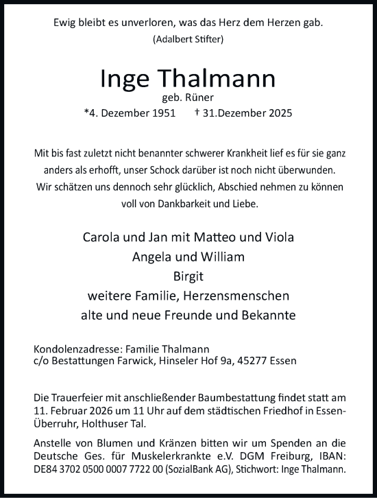 Traueranzeige von Inge Thalmann von Tageszeitung