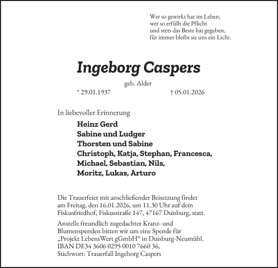 Traueranzeige von Ingeborg Caspers von Tageszeitung