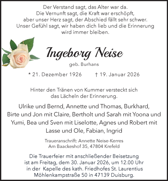 Traueranzeige von Ingeborg Neise von Tageszeitung