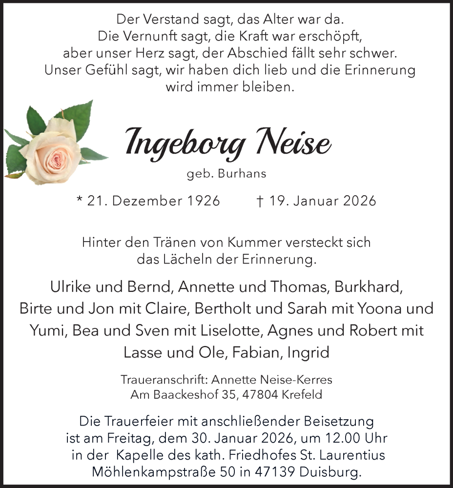  Traueranzeige für Ingeborg Neise vom 28.01.2026 aus Tageszeitung