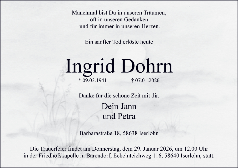  Traueranzeige für Ingrid Dohrn vom 17.01.2026 aus Tageszeitung