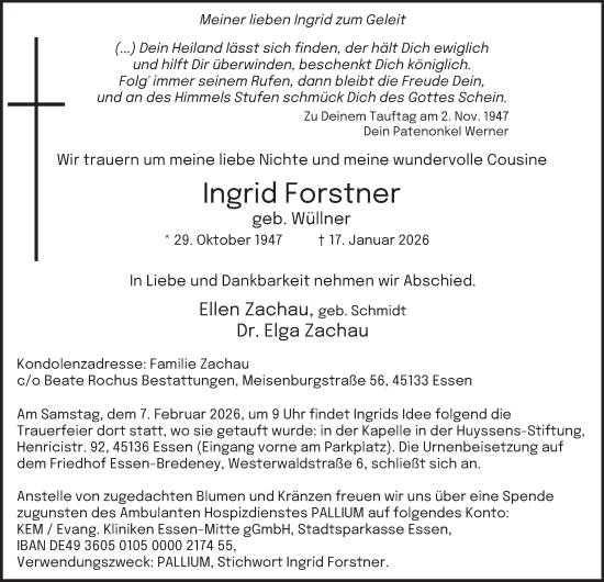 Traueranzeige von Ingrid Forstner von Tageszeitung