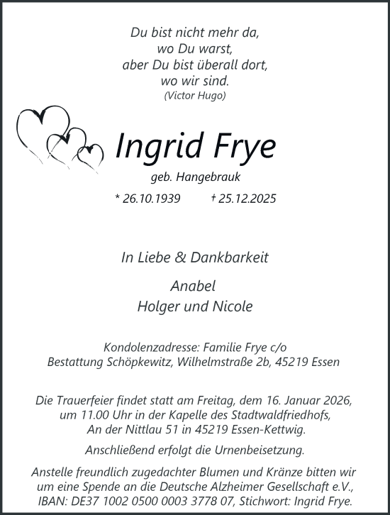 Traueranzeige von Ingrid Frye von Tageszeitung