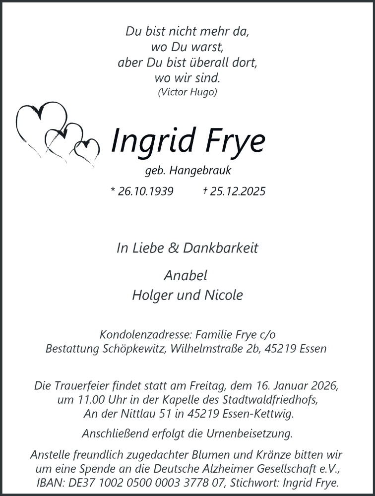  Traueranzeige für Ingrid Frye vom 10.01.2026 aus Tageszeitung