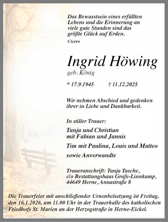 Traueranzeige von Ingrid Höwing von Tageszeitung