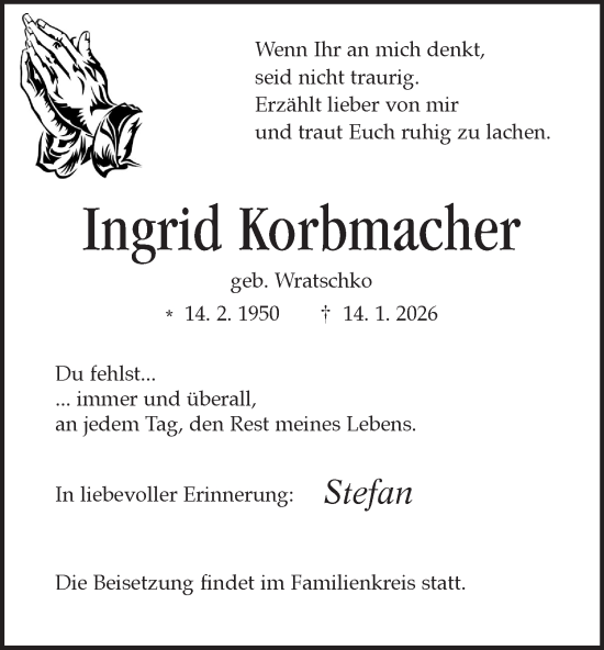 Traueranzeige von Ingrid Korbmacher von Tageszeitung