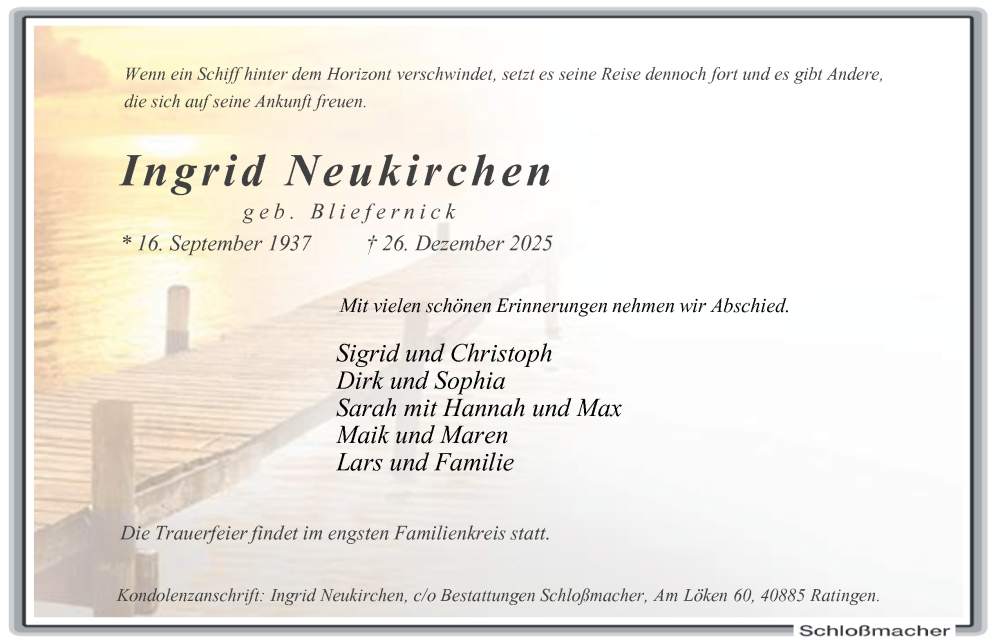  Traueranzeige für Ingrid Neukirchen vom 10.01.2026 aus Tageszeitung