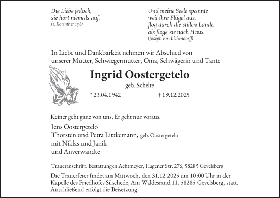 Traueranzeige von Ingrid Oostergetelo von Tageszeitung