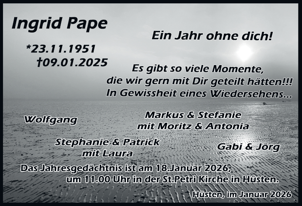  Traueranzeige für Ingrid Pape vom 10.01.2026 aus Tageszeitung