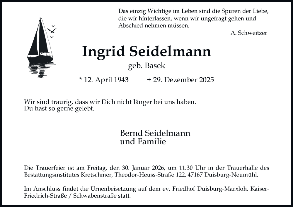  Traueranzeige für Ingrid Seidelmann vom 24.01.2026 aus Tageszeitung