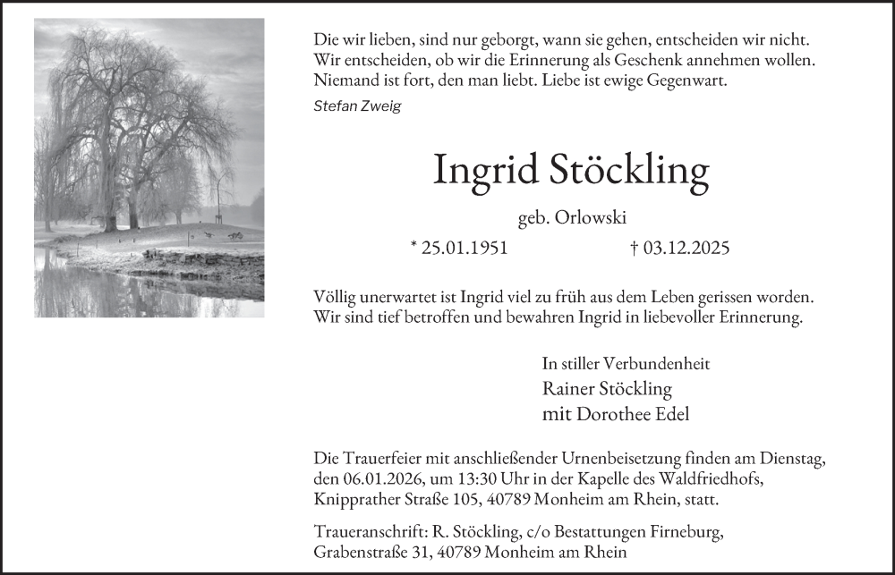  Traueranzeige für Ingrid Stöckling vom 03.01.2026 aus Tageszeitung