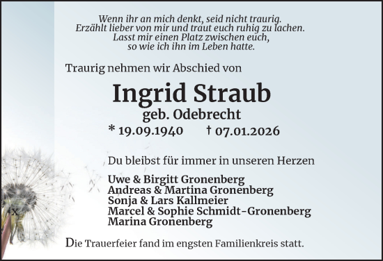 Traueranzeige von Ingrid Straub von Tageszeitung