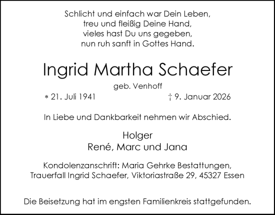 Traueranzeige von Ingrid Martha Schaefer von Tageszeitung
