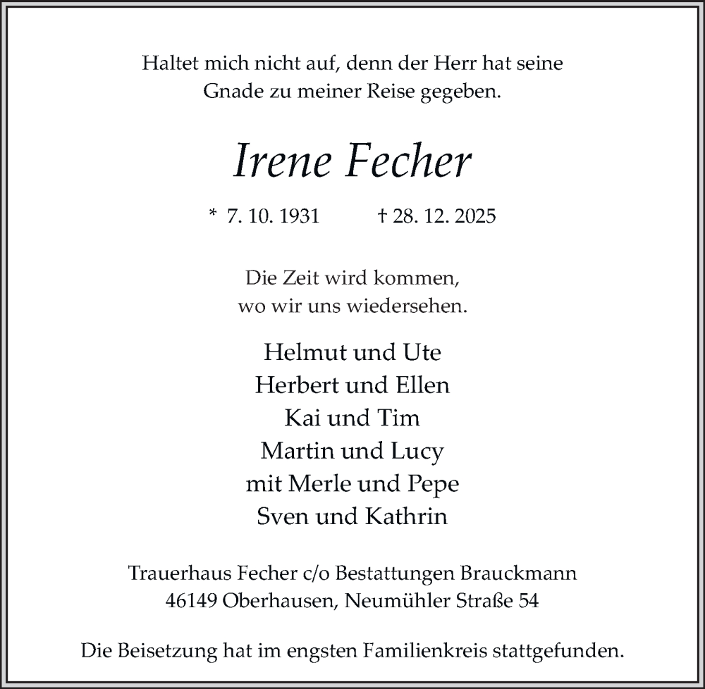  Traueranzeige für Irene Fecher vom 10.01.2026 aus Tageszeitung