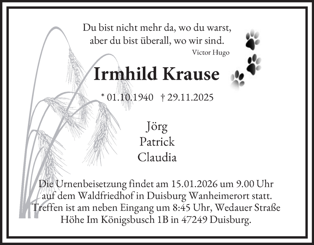  Traueranzeige für Irmhild Krause vom 10.01.2026 aus Tageszeitung
