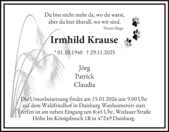 Traueranzeige von Irmhild Krause von Tageszeitung