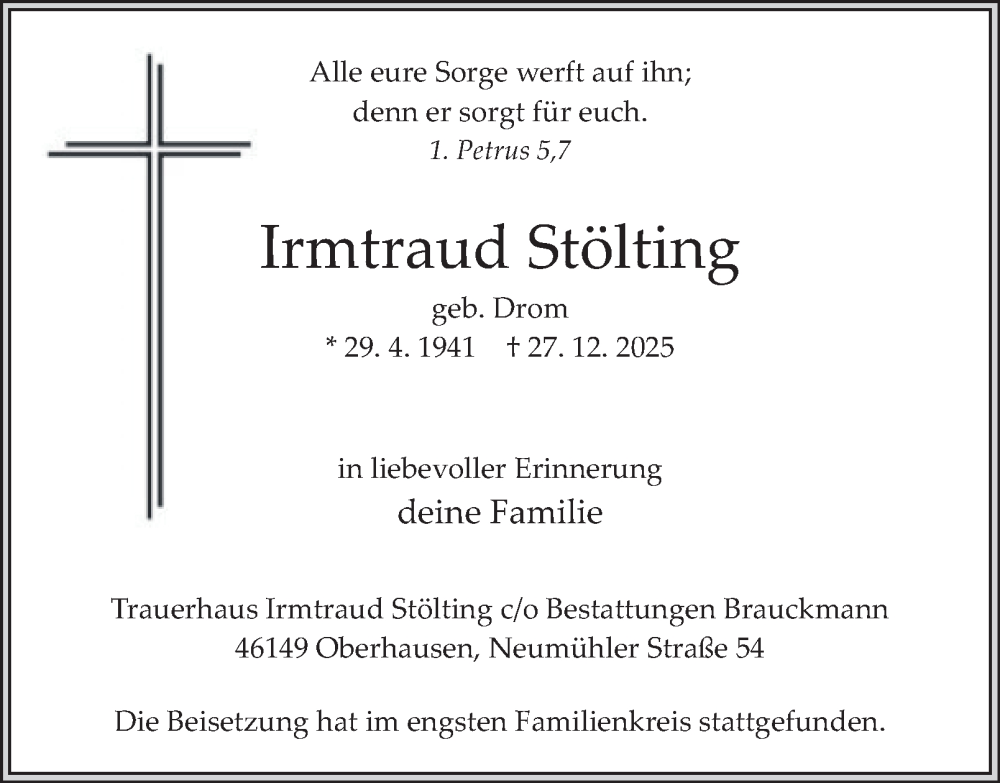  Traueranzeige für Irmtraud Stölting vom 24.01.2026 aus Tageszeitung