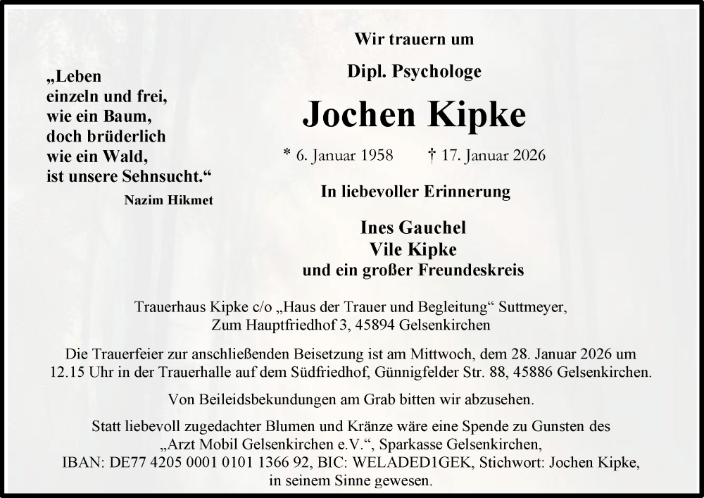  Traueranzeige für Jochen Kipke vom 24.01.2026 aus Tageszeitung