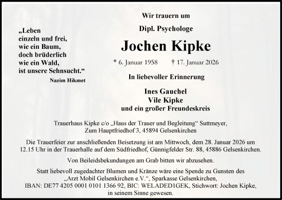 Traueranzeige von Jochen Kipke von Tageszeitung