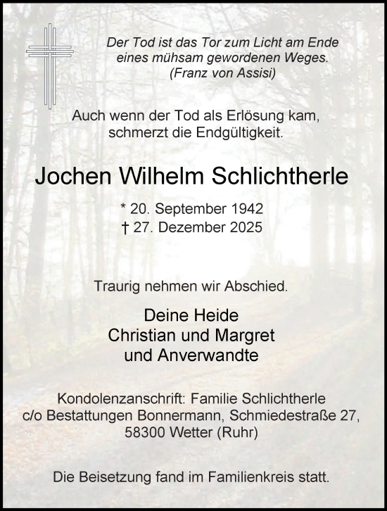 Traueranzeige von Jochen Wilhelm Schlichtherle von Tageszeitung