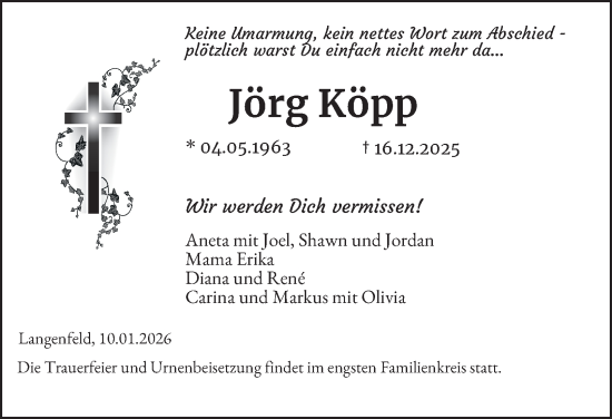 Traueranzeige von Jörg Köpp von Tageszeitung