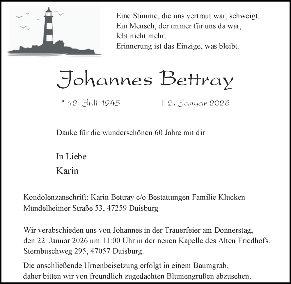  Traueranzeige für Johannes Bettray vom 10.01.2026 aus Tageszeitung