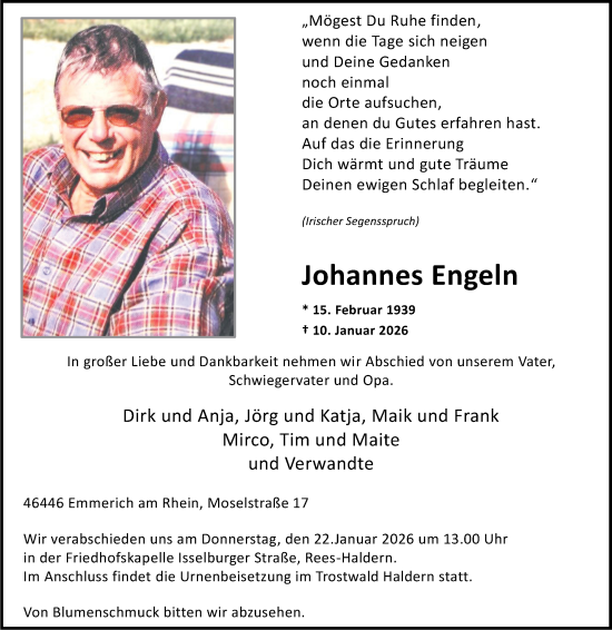 Traueranzeige von Johannes Engeln von Tageszeitung