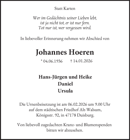 Traueranzeige von Johannes Hoeren von Tageszeitung